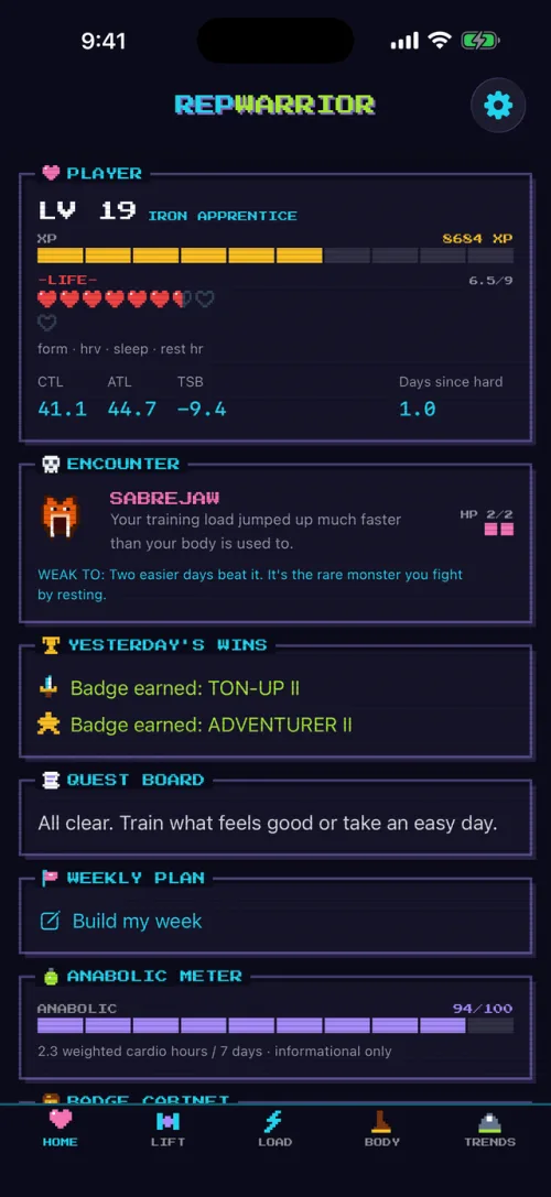 A strength-training app's home screen