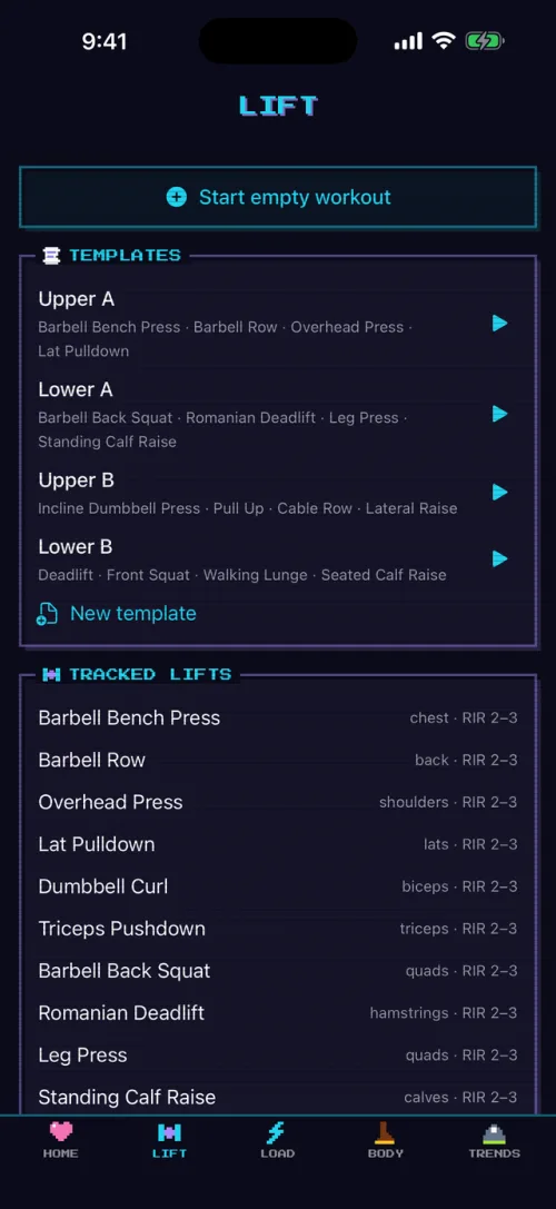 A strength-training app's workout templates