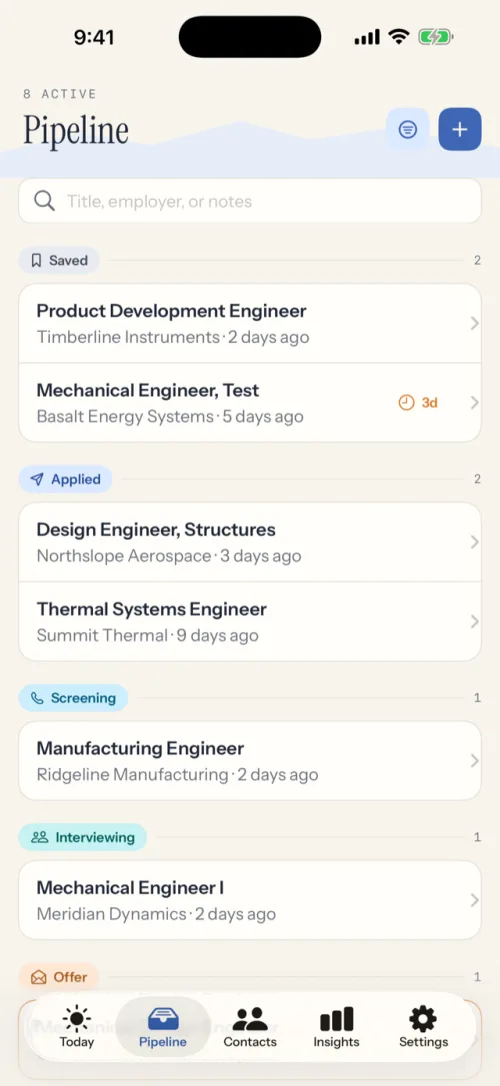 A job tracker's pipeline view