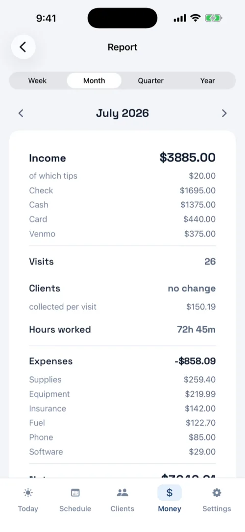 A cleaning-business app's report screen