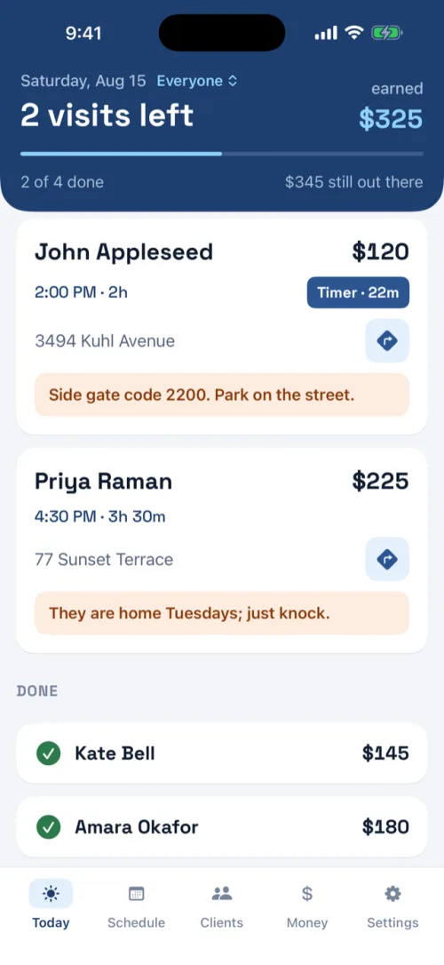 A cleaning-business app's day view