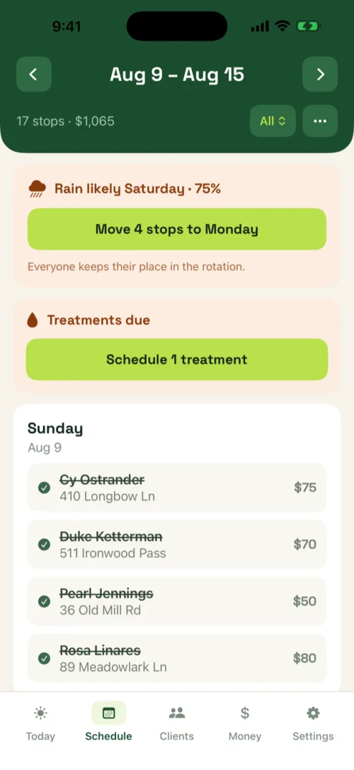 A field-service app's client screen